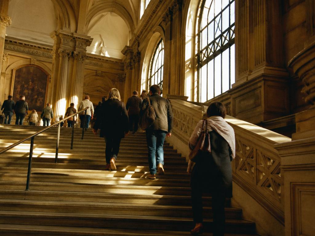 Grand staircase inside a classical New York museum with warm light through tall windows