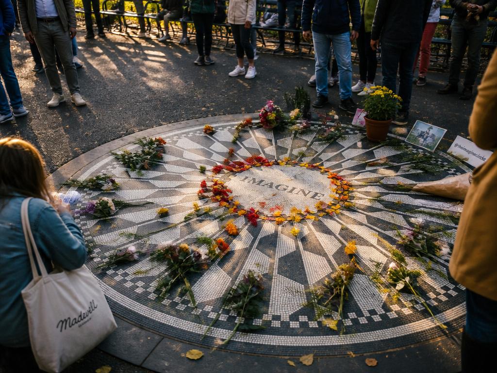 The Imagine mosaic at Strawberry Fields in Central Park covered with flowers