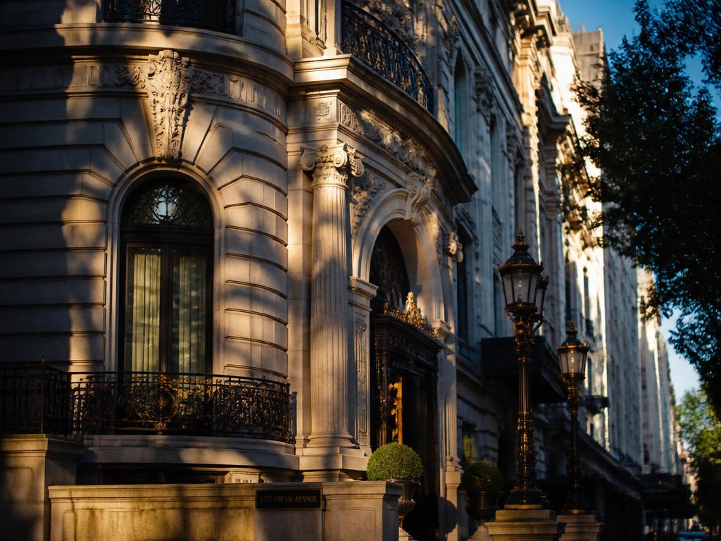 Ornate Fifth Avenue Beaux-Arts mansion facade in late afternoon light