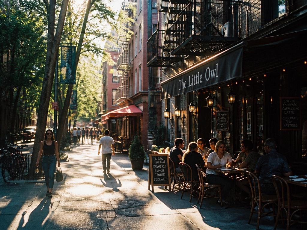 A narrow Greenwich Village street with fire escapes, cafe tables, and dappled sunlight