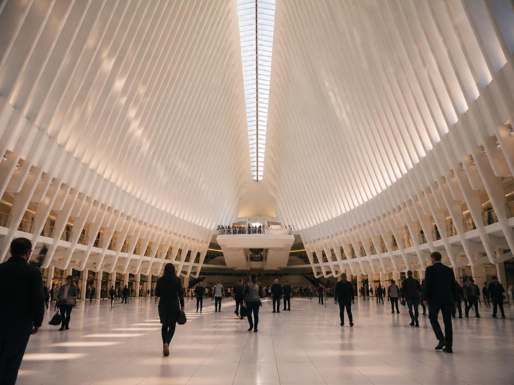 Interior of the Oculus with white ribbed architecture and soft daylight