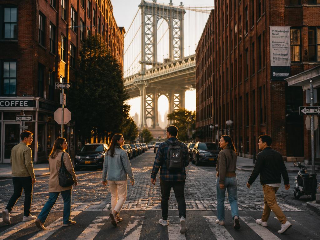 Group of travelers crossing a Brooklyn street with the Manhattan Bridge behind them