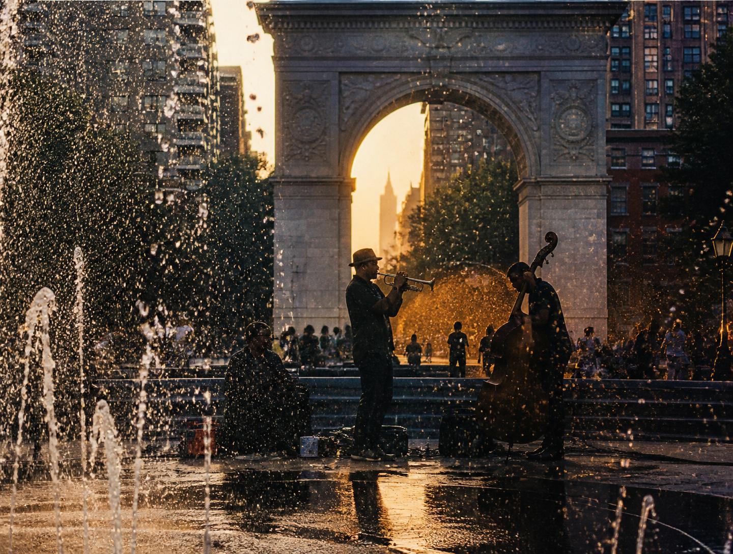 Washington Square Arch seen through fountain spray with musicians silhouetted